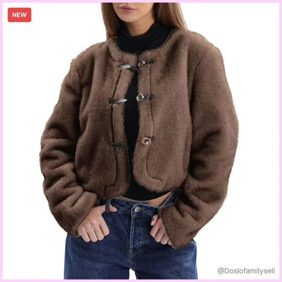 Faux Fur Cropped Coat Leather Belt Detail Winter Jacket Chic Elegant - Picture 1 of 5